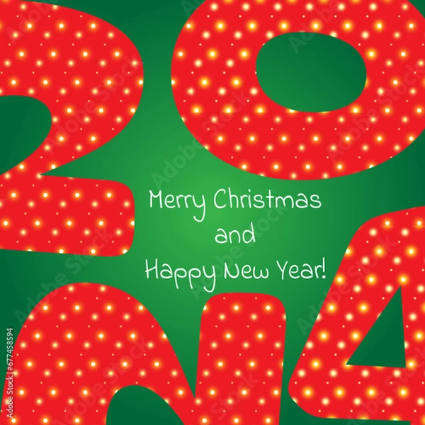 Fototapeta New Year 2024 red shiny numbers with the inscription Merry Christmas and New Year on a green background. Vector illustration