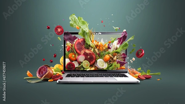 Fototapeta laptop with vegetables and fruits 