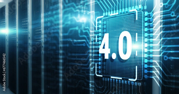 Fototapeta Smart industry 4.0. Inscription on 3d Electronic Circuit Board Chip