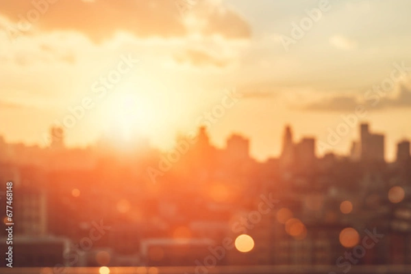 Obraz Landscape, urban, cityscape background. Hot summer sun illumination of urban city landscape. Yellow colored and blurred city scene during hot summer day. Abstract background with copy space