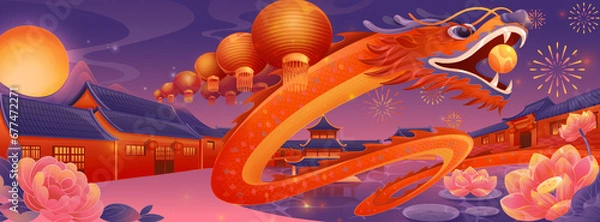 Obraz Creative illustration of dragon dance during the Dragon Year and Spring Festival