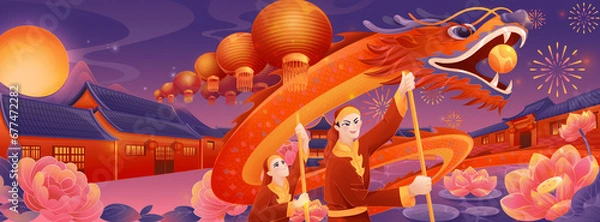 Obraz Creative illustration of dragon dance during the Dragon Year and Spring Festival