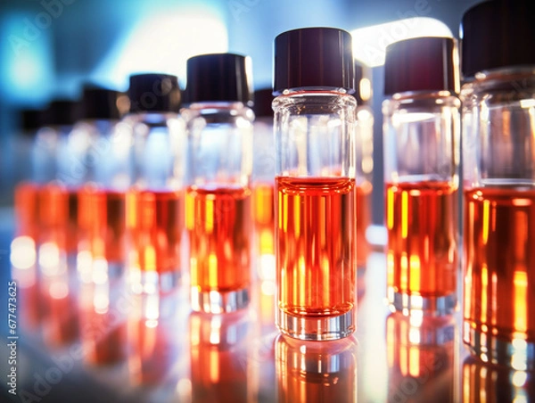 Obraz Medical glass vials placed on a laboratory table - ai generative