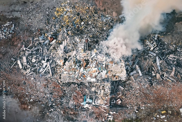 Fototapeta Top view of the destroyed building. Aerial view of the ruins. smoke from the destroyed building aerial view. top view Take from drone.