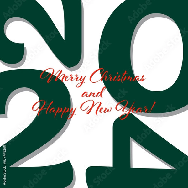 Fototapeta 2024 large green numbers on a white background with the inscription Merry Christmas and New Year. Vector illustration