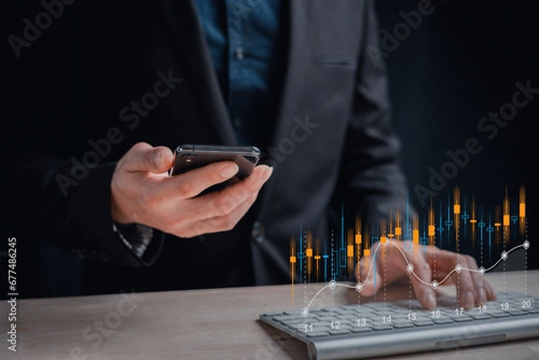 Fototapeta Businessman touch investment growth graph chart and analysing growth achievement diagram data trading and exchange, Stock market, Investment, dynamics of financial growth of business