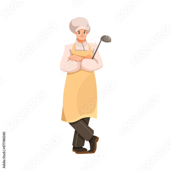 Fototapeta Man Chef Character in Uniform with Ladle in Restaurant Cooking Meal Vector Illustration