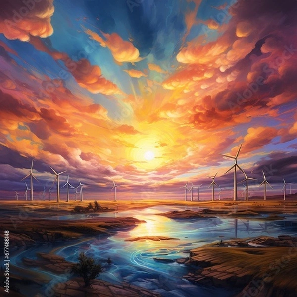 Obraz wind turbines at sunset