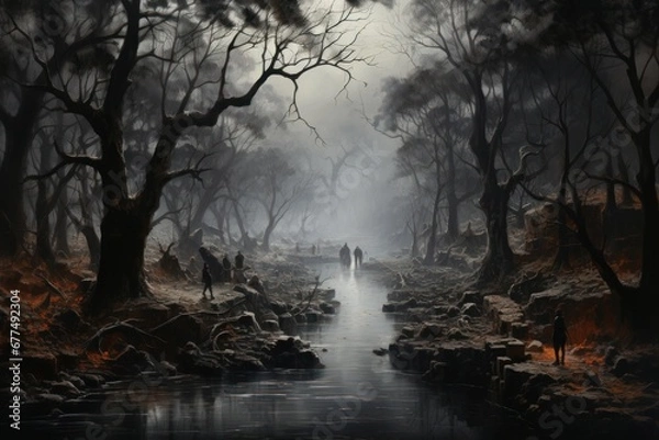 Fototapeta Fog and Mist: Capture the eerie beauty of fog and mist in cold weather, especially around bodies of water. - Generative AI