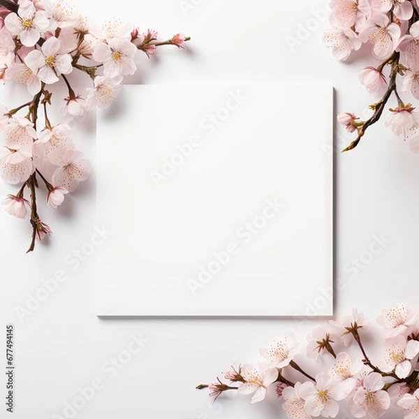 Fototapeta Template with Sakura Flower Cherry Blossom white and pink empty space Memo Note