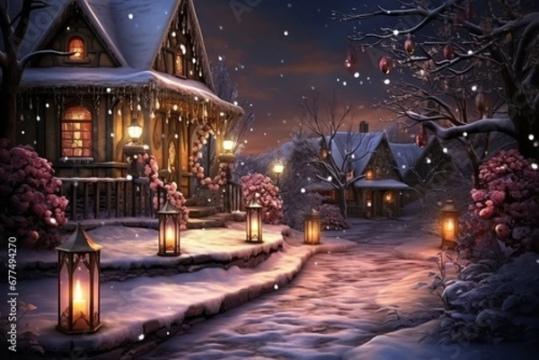 Fototapeta Candlelit Scenes: Create warm and inviting images with candles or lanterns in the snow. - Generative AI