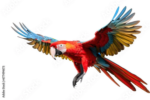 Fototapeta A scarlet macaw parrot flying isolated on transparent background.