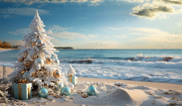 Fototapeta Decorated with silver balls and snow Christmas tree on the beach on background of sea view with waves and sand