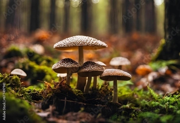 Fototapeta a number of mushrooms on the ground in a forest of moss