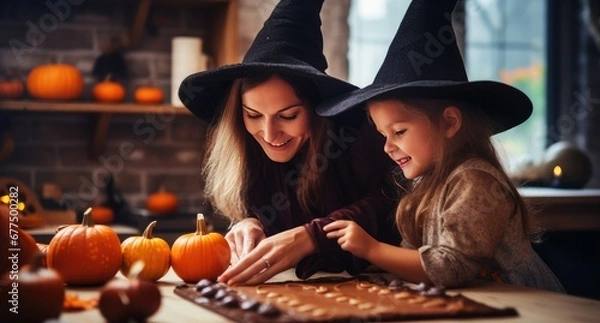 Obraz Mother and daughter together in halloween hat make cookies.