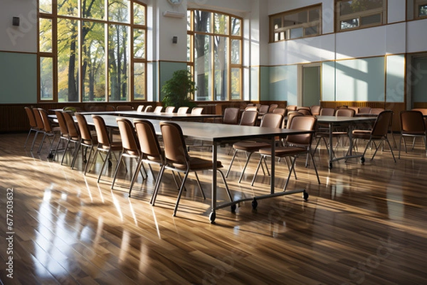Obraz Empty conference room with wooden floor and rows of chairs. ia generated