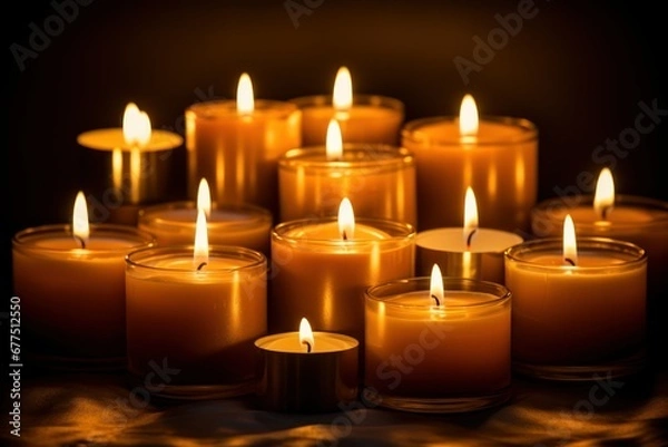 Fototapeta Evening Candlelight: Photograph the warm glow of candles or lanterns against the backdrop of a cold, dark evening. - Generative AI