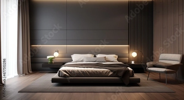 Fototapeta Bedroom with a bed and wooden floors, in the style of dark silver and dark beige, stripes and shapes, matte background.