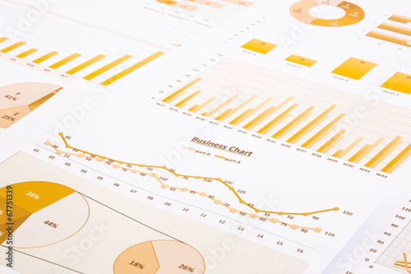Obraz yellow business charts, graphs, report and summarizing backgroun