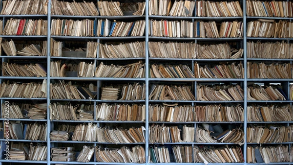 Obraz shelves full of files in a messy old-fashioned archive