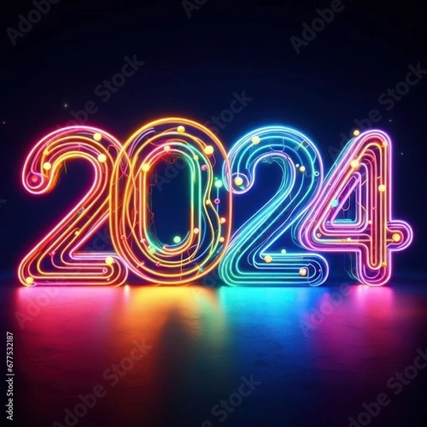 Fototapeta Neon lights forming 2024 on dark backdrop
