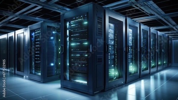 Obraz Server racks digital business in a large data center warehouse filled with boxes.