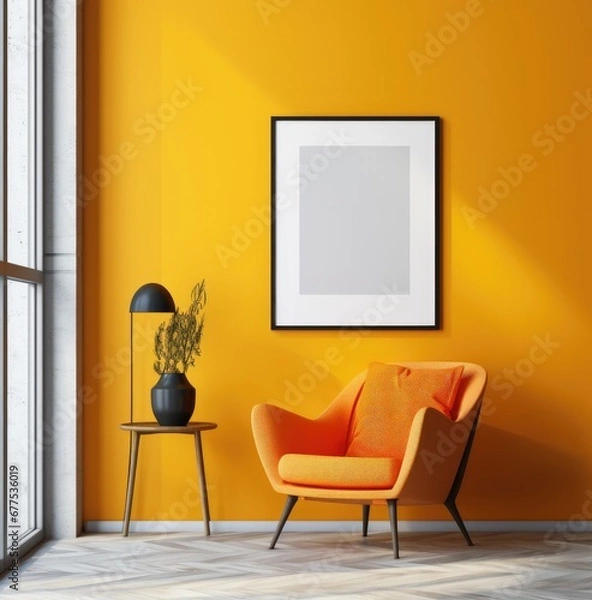 Fototapeta Yellow armchair is pictured in front of an empty frame in a room.