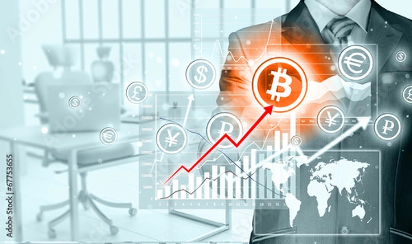 Fototapeta Choosing bitcoins, businessman pressing touch screen button.