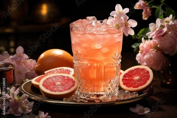 Fototapeta Summer pink cocktail with grapefruit on dark background. Generative AI