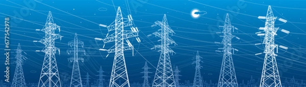 Fototapeta High voltage transmission systems. Electric pole. Power lines. A network of interconnected electrical. Energy pylons. City electricity infrastructure. White otlines on blue background. Vector design