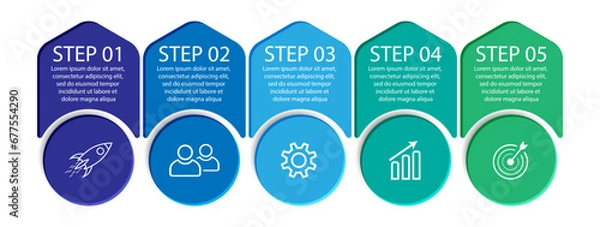 Fototapeta Five step, simple 3D infographic design with colorful colors, icons, text and lines. Great for your business presentations