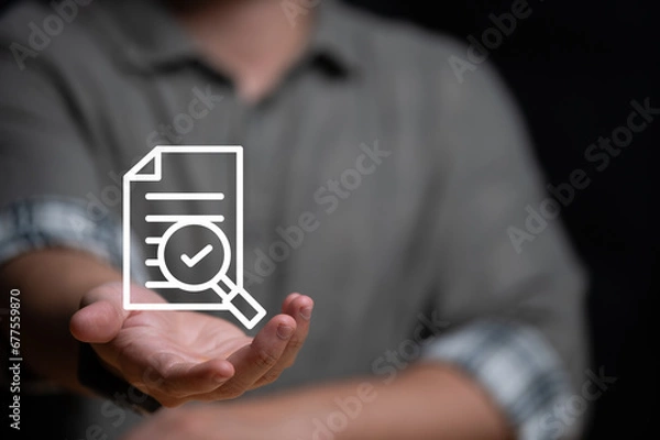 Obraz Questionnaire online with checkboxes, Businessman Take an assessment, Evaluation, Online survey online exam Choosing the right answer in the exam, Test questions. Filling out an online survey form.