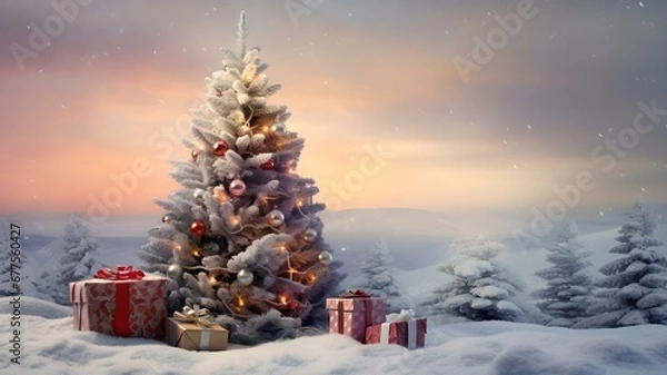 Fototapeta Festliche Pracht: Geschmückter Weihnachtsbaum unter winterlichem Himmel