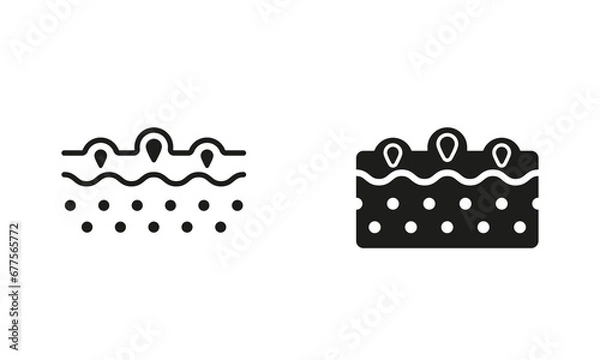 Fototapeta Pimple and Inflammation Sebum Line and Silhouette Black Icon Set. Skin Acne, Comedo Pictogram. Blackhead, Deep Pustule Skin Problem Symbol Collection. Isolated Vector Illustration