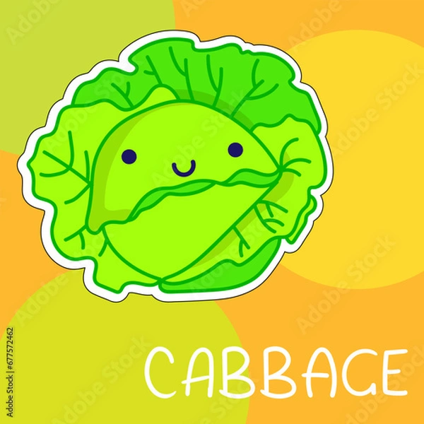 Obraz Cartoon cute kawaii cabbage with face. Funny vector illustration of happy vegetable. Childish style design for positive poster, t-shirt, card, wall print, book