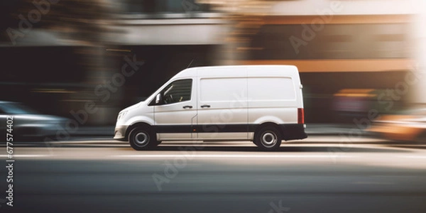 Fototapeta white delivery van side view on blur city street background, moving minivan in urgent fast motion, concept of logistics, food merchandise commercial delivery or post service, banner with copy space