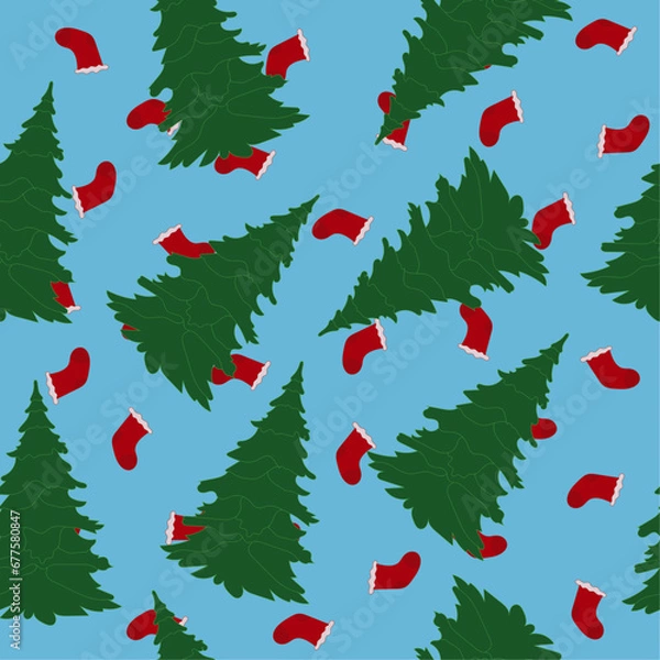 Obraz Christmas Seamless Pattern With Christmas Tree And New Year Socks 