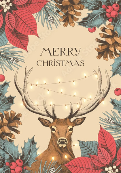 Fototapeta Vector Christmas card with winter flora and deer