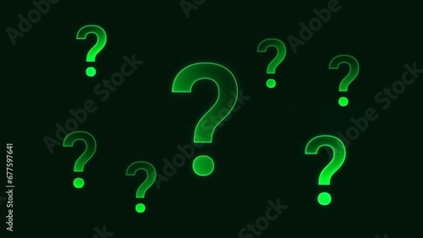 Obraz Green Questions Marks on black background.