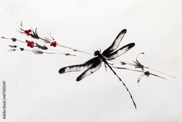Fototapeta Japanische Tuschezeichnung einer meditativen Zen Landschaft mit Libelle in schwarz weiß rot