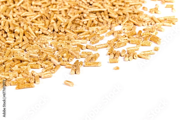 Obraz Holz Pellets verteilt auf weissem Hintergrund