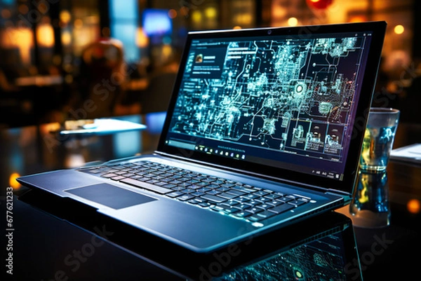 Fototapeta Laptop with an information graphic on it, in the bleu. AI generativ