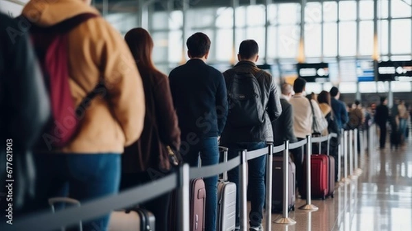 Fototapeta Crowded airport terminal with long queue at passport control. Travelers standing in line, waiting for immigration process.