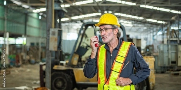 Fototapeta man engineer technician worker talk call by use mobile radio walkie talkie communicate speak to service technician. worker in uniform helmet safety and inspection check control old machine in factory