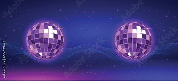 Fototapeta Neon disco ball background and night club party ball light glowing