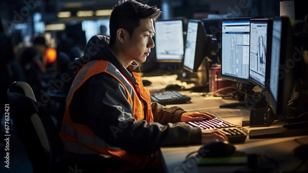 Obraz コールセンターで働くアジア人男性会社員