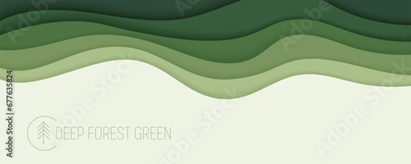 Fototapeta Deep forest green waves, paper art banner. Nature greenery color poster template in papercut style. Vector illustration EPS 10.
