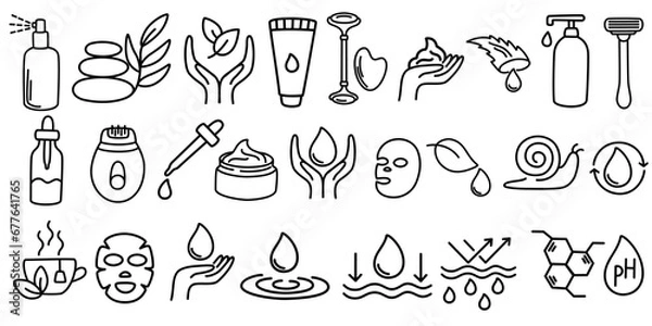 Obraz Skin care line icons set. Moisture cream, acid, anti wrinkle serum, ceramide, collagen, retinol compound, sunscreen. Outline signs for skincare products property. Editable Stroke. Vector illustration