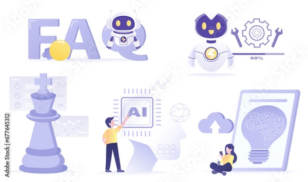 Obraz Artificial Intelligence (AI) technology and business ideas collection. FAQ concept, repair, strategy planning, support, data, analysis, brainstorming and innovation. Flat vector design illustration.
