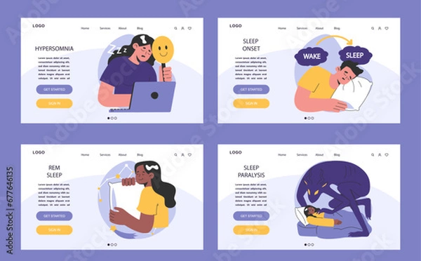 Fototapeta Insomnia web or landing set. Diverse characters suffering from sleep deprivation. Sleep and mental disorder. Sleep hygiene and stages. Circadian rhythm maintaining. Flat vector illustration.